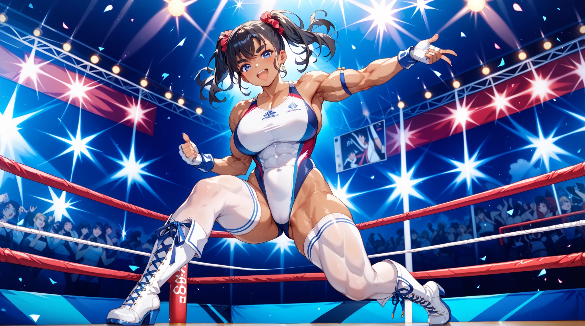 ((Best quality)), ((masterpiece)), ((anime style)), ultra detailed face, ((1 girl)), female wrestler, competition swimsuit, ((wrestling ring)), long hair, mature, milf, 30s, sweaty armpit, very sweaty, standing, victory pose, looking at viewer, highleg, smile, determined, victorious, 