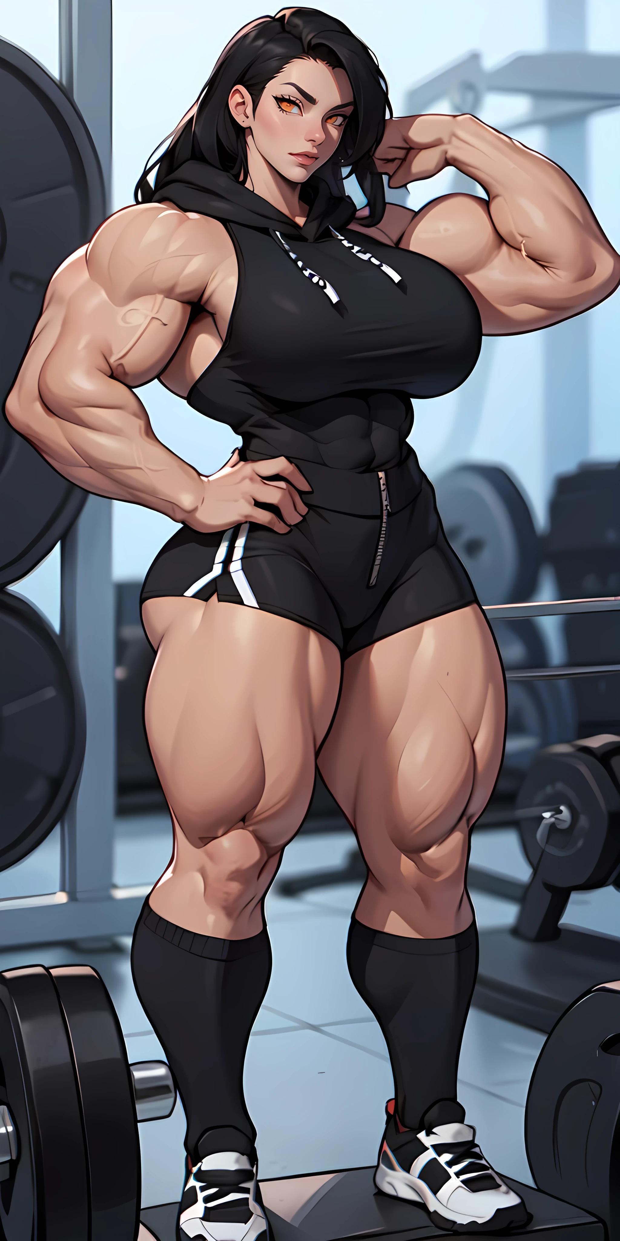 fullbody view, 25 yo extremely muscular woman, flawless perfectly trained body, zero body fat, mighty and hypermuscular professional female bodybuilder, dominant sadistic woman, great muscle definition, short black bob haircut, pale skin, green eyes, wearing black crop top and tight black shorts, slight cold smile