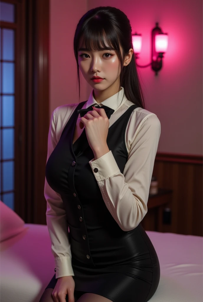 beautiful，
(((masterpiece))), ((Highest quality)), ((Intricate details)), ((Ultra-realistic)),  Mature Woman, （），Outlook, The content is very detailed, lights, Perfect hands, Detailed fingers, 美丽细致Lewd Eyes, Long white hair, 棕色Lewd Eyes, chief executive officer（CEO）, (Professional attire:1.2), Blazers in similar colours，Pair it with a thin lapel dress,Black leather pantyhose,Pink collar, Dirty face, livestock, Detailed Background, bedroom, 完美Lewd Eyes, Lewd Eyes, View your viewers, View from the side