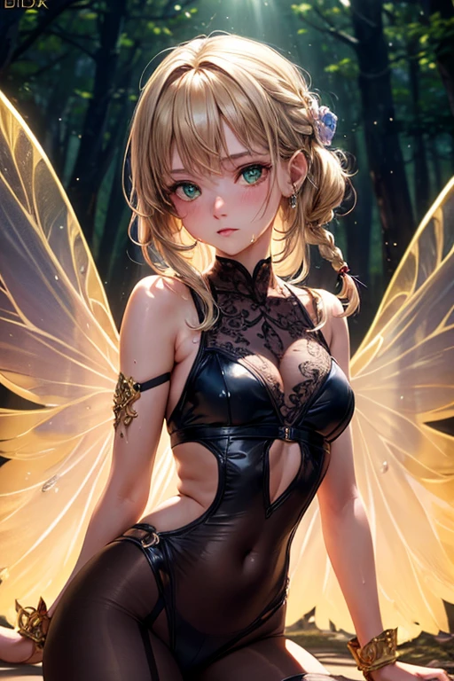Please follow all prompts below exactly and faithfully. This is a breathtaking masterpiece of digital illustration, with maximum resolution, UHD, 512K, 2160p, 10 million ppi, 300 million dpi, natural color tones, ultra sharp details, perfect outlines with contrast, **most realistic skin and hair textures**, most beautiful detailed eye features, perfect anatomically correct human body, beautiful background with depth, rule of thirds, depth of field, Maximize all element is used to its full potential to create the best digital illustrations, A very sexy and elegant woman with a perfect body style, a beautiful sharp face, slim figure, gravity-defying large breasts, beautiful green eyes, (shiny blonde shaggy cut short hair covering one eye), glossy, sensual, A mage sipping tea at a lakeside lodge in an enchanted forest. Halter-neck dress with vibrant colors and patterns, flowing skirt, intricate embroidery, shimmering fabric, delicate lace trim, sparkling gemstones, ethereal glow, magical aura, enchanted symbols, elegant design, whimsical motifs, fairy-tale elegance, mystical runes, celestial patterns, radiant hues, enchanted threads, otherworldly charm, fantastical details, luminous accents, enchanted embellishments. Forest lake with a table and chairs. Holding a teacup with dynamic movement.