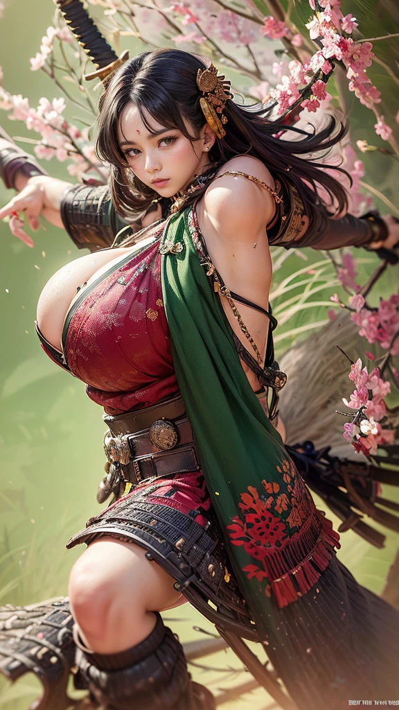 Highly detailed CG unit 8k wallpaper, masterpiece, High resolution, highest quality, highest quality real texture skin, Super Real, Digital Painting, Best image quality, 最High resolution, 8k, ((Highly detailed eyes and face)), 1girl, Beautiful eyes every detail, Full Body Shot, profile, chinese style embroidery, dress, Shogun, Military commander, general, armor, ((disproportionate breasts, huge breasts, sagging breasts, Cleavage, gigantic breasts, Saggy breasts, Gravity-dependent breasts, long chest, Heavy chest, erect nipple)), lewd, Prostitute, smile, (tanned skin, light brown hair, ), light green, deep green, ((spear on hand)),