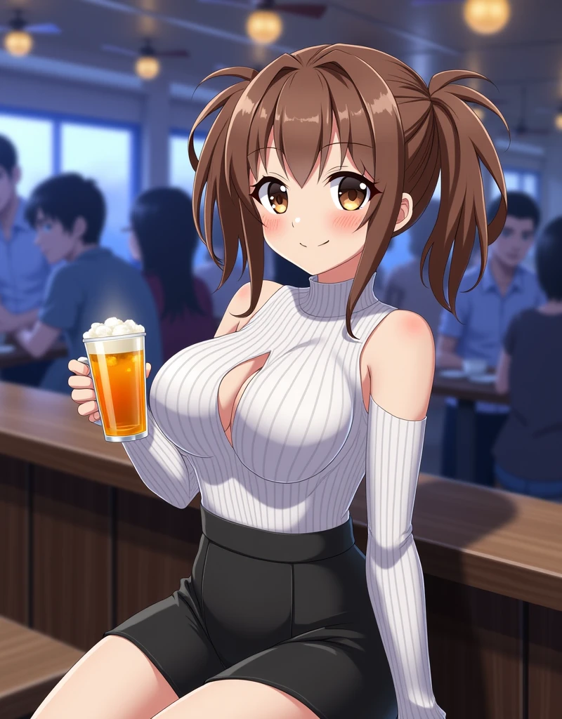 (kinako_(shiratama_mochi) style, maruzensky_\umamusume\), ((topless)), nsfw, masterpiece, leather pants, solo, 1 girl, horse ears, horse tail, erect nipples, nipples, navel, bare breasts, bare stomach, sweaty, full body, boots, medium breasts, outdoors, night, bridge, street lamp, river, collarbones, night sky, slim waist, brown hair, detailed eyes, beautiful eyes, wet, aque eyes, necklace, railing, smiling, buttoned, black gloves, city skyline, lights, lusty eyes, holding a coffee can, shiny pants