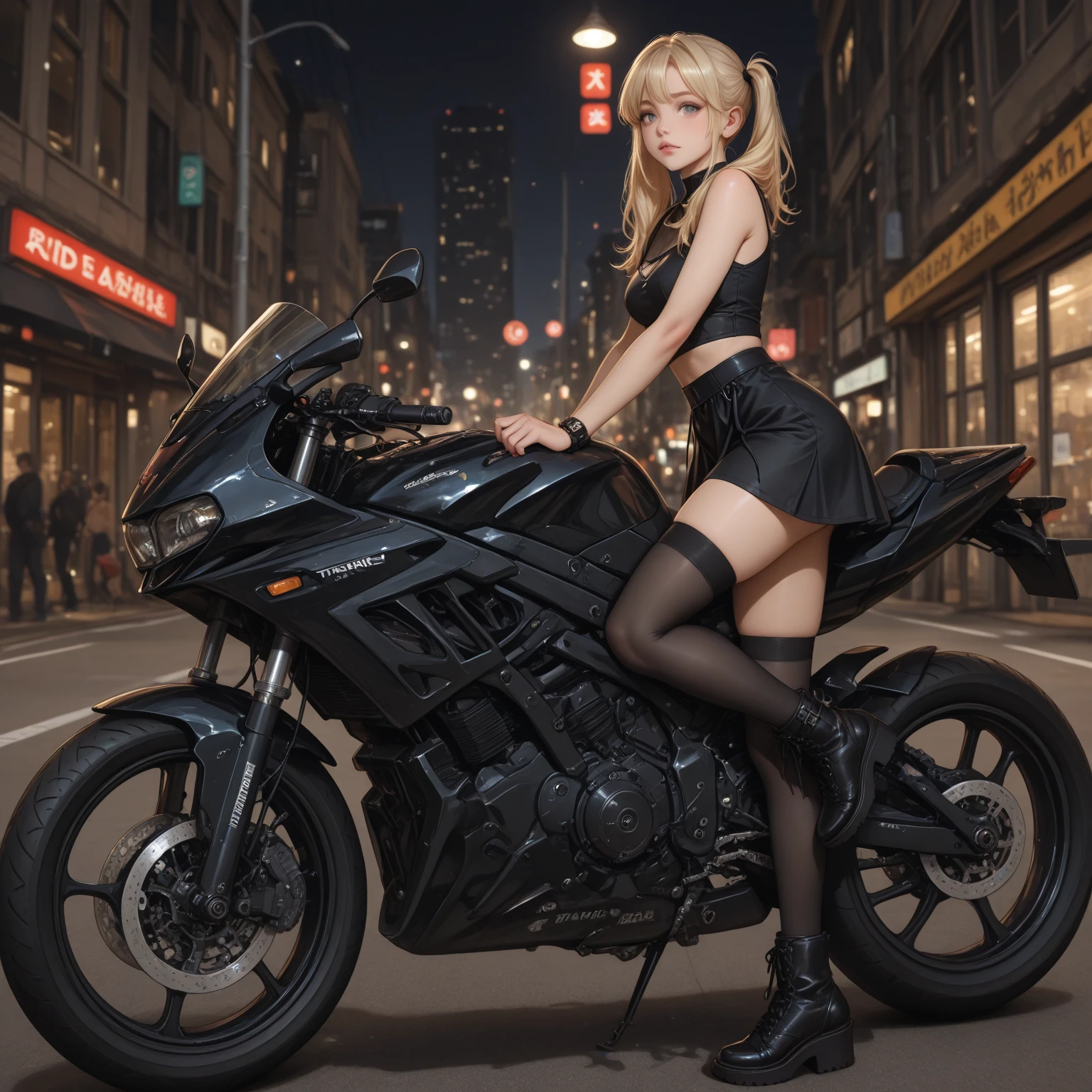 One girl, Mini skirt with slit、Jacket, Bob Hair、Silver Hair、Medium breast、boots、rain, ((Ground vehicles, Mecha, motorcycle, on motorcycle, Vehicle Focus, kawasaki、wheel))、night, road, street, rain, city, puddle, masterpiece:1.3、Raw photo、Highest quality , Anatomically accurate hands and feet、