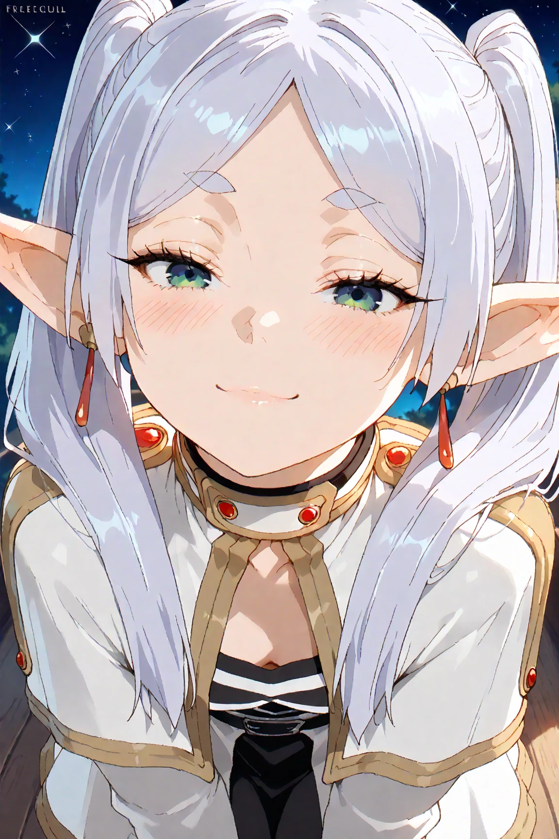 (masterpiece:1.5), (Night sky full of stars:1.6),(twin tail silver hair:1.1), (A radiant glow:1.1) (thick lips:0.9),(Frieren),elf ears,((medium wide shot)), seduction poses, seductive smile, blushing,look at viewer,