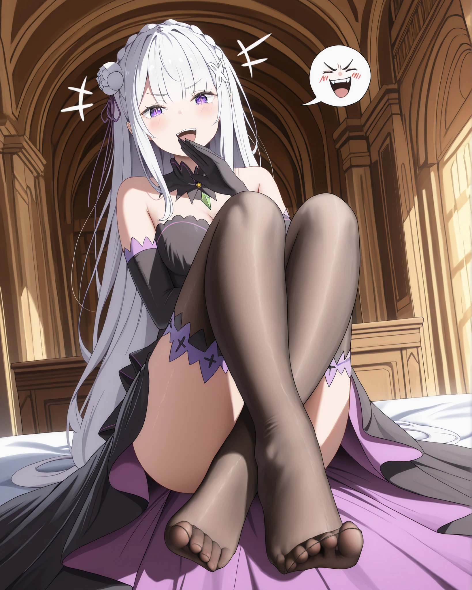  masterpiece, excellent quality, best quality, is absolutely glamorous, ridiculous results, high resolution, en yeni, Inside, 1girl, (Full length view from head to toe), re:zero sits in a seductive pose while showing her sexy feet in the foreground while Emilia sits in a seductive pose, laughing expression, angry expression bubble, black wedding dress with purple pattern, black arm length gloves, black thigh high stockings, sitting pose, solo, standing, (overdetailed CG), perfect lighting, (  sharp image  ), dynamic angle