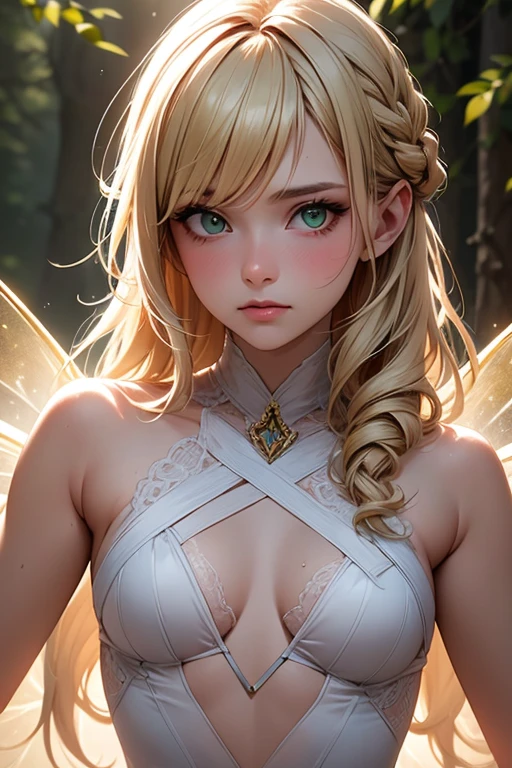 head to thigh, wearing edgHL, 1 girl, blue eyes, long blonde hair, long eyelash, fairy wings, high detailed skin, Russian Flower Fairy, naked, smile, white laced panties, high quality, Volumetric lighting, A high resolution, Soft lighting, Transparent feather drop effect, Spring flower utopia