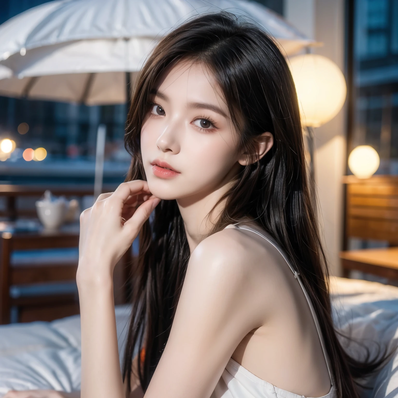 a close up of a woman in a black dress sitting on a bed, beautiful south korean woman, photo of slim girl model, japanese model, “ sensual, young sensual graceful, sexy :8, jaw-dropping beauty, by Ma Wan, very seductive pose, by Leng Mei, gorgeous chinese model, lovely woman, by Li Zai, by Ni Yuanlu