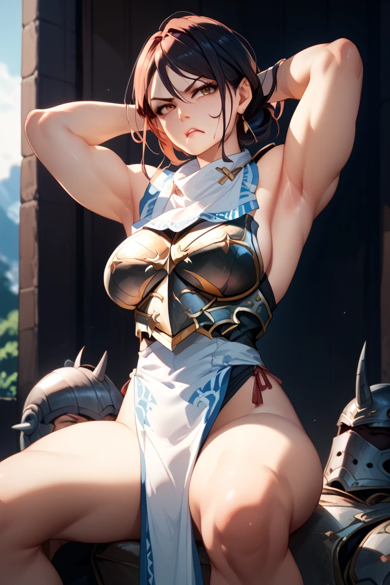 masterpiece, best quality, <lora:gbfbk-nvwls-v1-000009:0.9> gbfBK, short hair, green eyes, bare shoulders, white leotard, detached sleeves, bracers, white thighhighs, armored boots, large breasts, cowboy shot, profile, blue sky, clouds