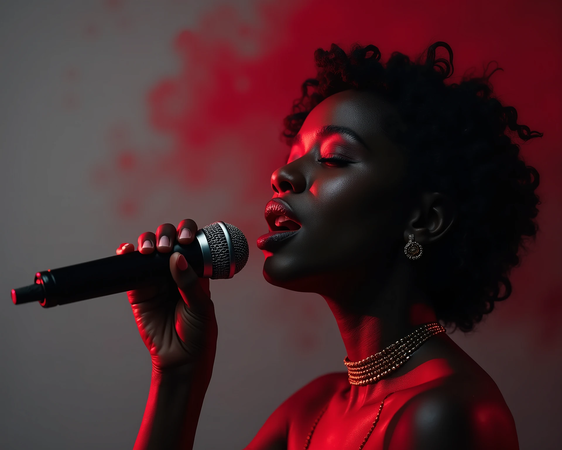 A black singer with a microphone in her hand, eyes closed, boca aberta (as if a black singer with a microphone in her hand were singing in a deep tone) de frente. red lipstick background. gray background for cropping. high definition. 4k