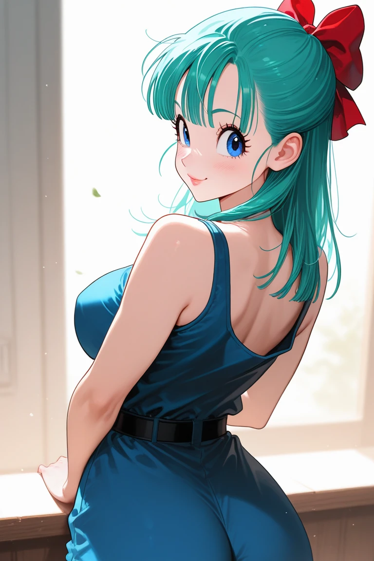 /gen lum, bangs, blue hair, blue eyes, aqua hair, horns, eyeshadow, sharp, masterpiece, score_10, score_9, score_8_up, anime screencap, seductive, huge breasts, round breasts, Large stature, solo, outdoors, outside background, perfect fingers, 5 fingers, perfect hands, upper body, cute face, red lingerie, strapless bottom, (smile), Uncovered, large breasts, thighhigh boots, unveiled, pouting face, genderswap, corset, undressing eyes, tongue out, Non-blurry fingers, high resolution, from side, red hair bow, panties on knee,