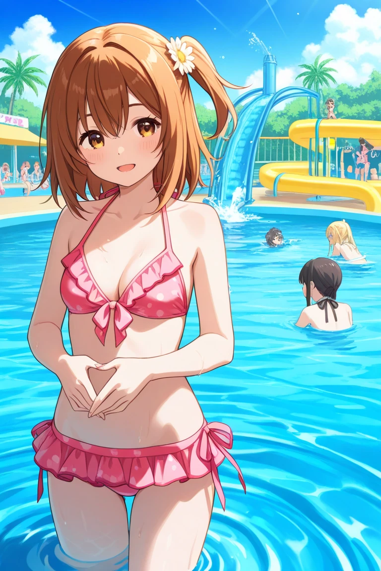 asakura_yume,(((woman1people))),Brown Hair,Normal chest,Aqua Eye,White skin,nsfw,(((Pool))),((Multiple men)),(((Are standing))),(((By Meng_Surrounded by middle-aged men molesting))),(((((((By Meng_Being stared at by a pervert))))))),blush, ((((surprise)))),(((Embarrassment))),Open your mouth,((((Bust up shot)))),(((((green_Swimwear))))),((bikini)),nsfw,((valley)),(((No bra))),(((topless))),(Nipples),