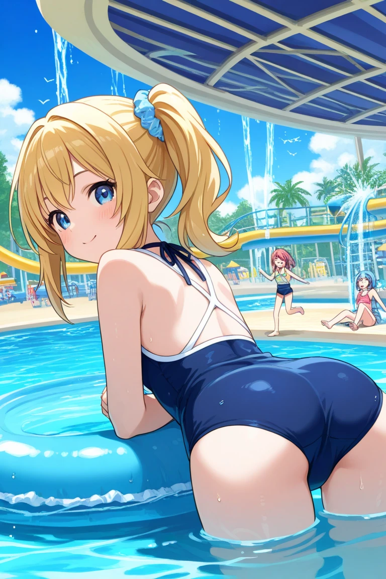 Anime girl in a blue swimsuit next to a pool, is wearing a swimsuit, Rei Hiroe, Estilo Anime Ecchi, roupa de banho, wet swimsuit, ( ( Massa Amane # ) ), Massa Amane , Realistic bikini, Estilo de cor Aya Takano, Massa Amane, Aya Takano, anime sedutora, terno asuka sob a roupa!