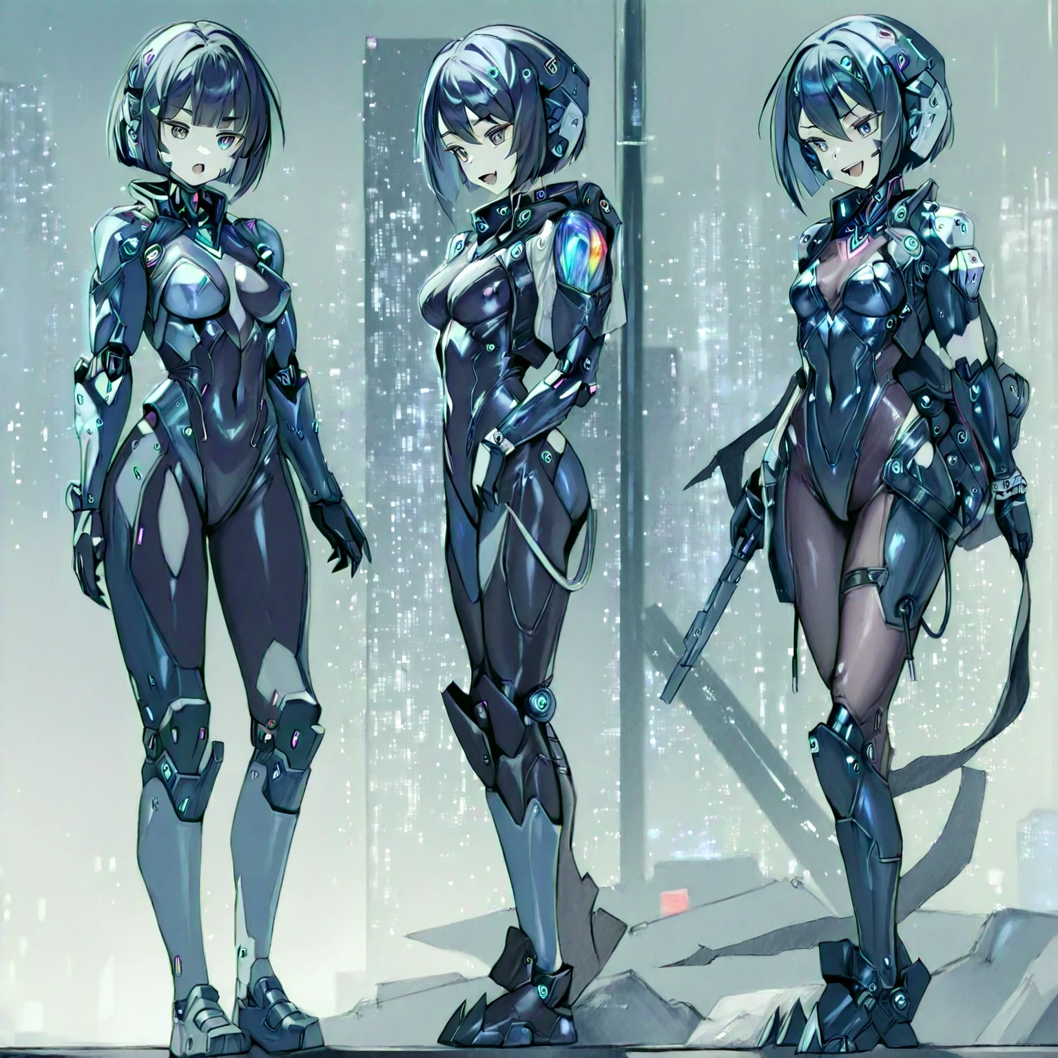 Japanese manga style character sheet of cyberpunk nekomata catgirl, front and back, full body, colorful cyberpunk bodysuit, white and black background, equipment, weapon, detailed, intricate, cinematic lighting