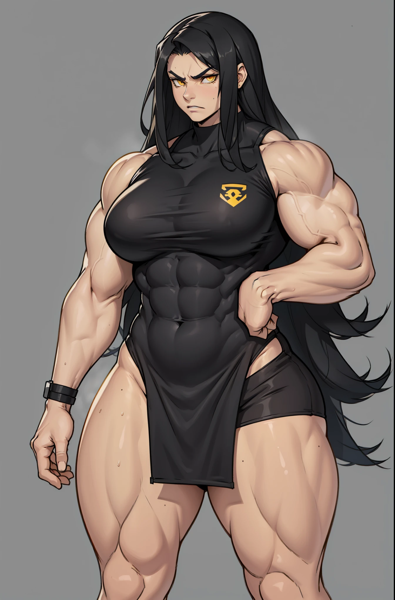 ((grey background)) pale skin black hair yellow eyes (very long hair) angry ((1 girl muscular toned body bodybuilder curvy wide hips thick thighs)) (solo) standing (swimsuit) (arms behind head)
