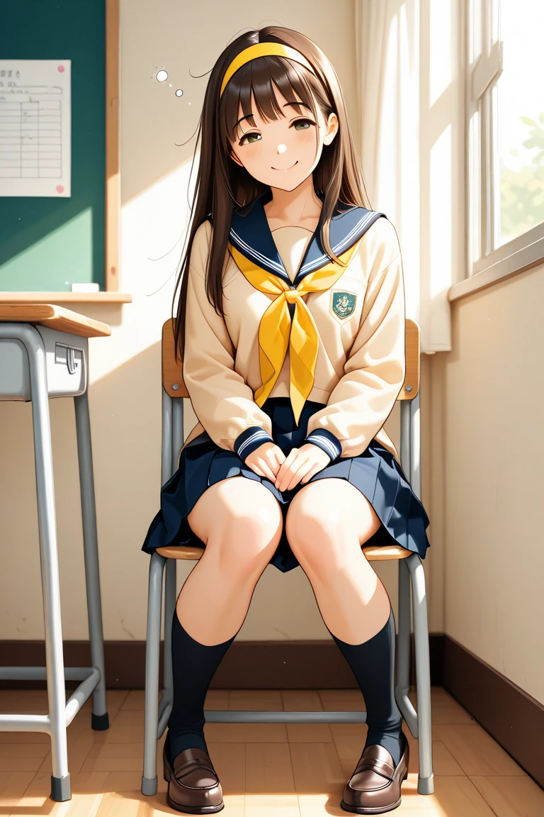 cream_ami, 1girl, brown eyes, brown hair, black hair, long hair, blue black blazer, , masterpiece, best quality, 1girl, small breasts.nfsw,pussy,nude,spread legs,vaginal,sex,light smile, sunlight,classroom , selfie,crotch grab ,