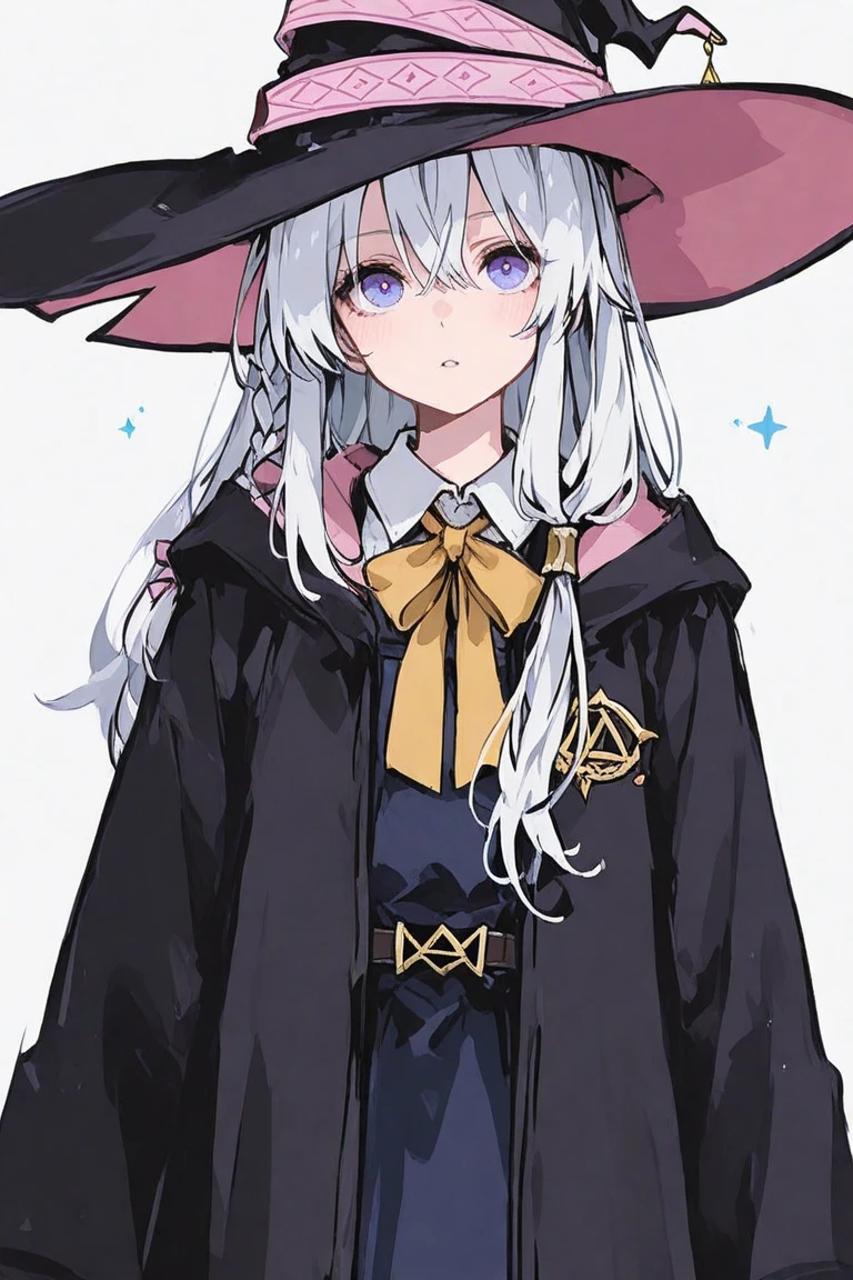 little_girl, ,mahomaho, diabellze, blue eyes, blonde hair, purple hair, multicolored hair, witch hat, white coat, white bodysuit, multiple belts