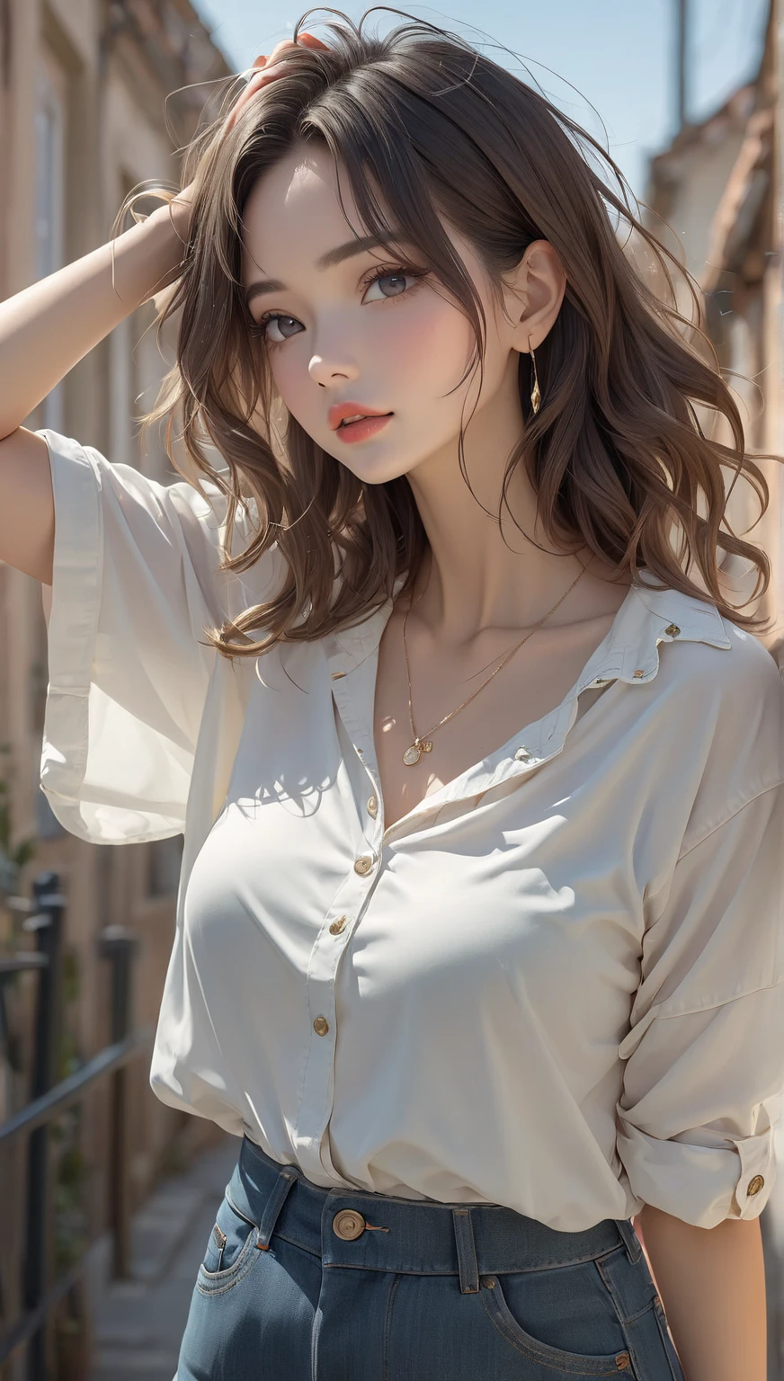 Top image quality、Raw photography、超A high resolution、18 year old cool Korean、big round chest、Camisole、skirt by the、Shiny hair、Beautiful Eyes of Details、very elongated eyes、Beautiful eyelashes、Beautiful double eyelids、eyeshadows、耳Nipple Ring、chest above close-up、Wall on grey background