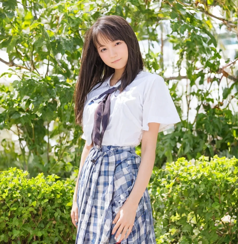 an unparalleled masterpiece, perfect photo, ((cute japanese girl)), young, Year: 14, ((beauty of nature)), long black hair with subtle waves:1.3,  ((smile:1.1)), An innocent and carefree look, highest quality, ultra high resolution, realistic, alone, soft lighting, natural makeup, (cuteness:1.5).masterpiece, best quality, ultra high res, (photo realistic:1.4), 1girl, munechira, loose t-shirts, leaning forward, nipples, from above, looking away, fullbody shot,