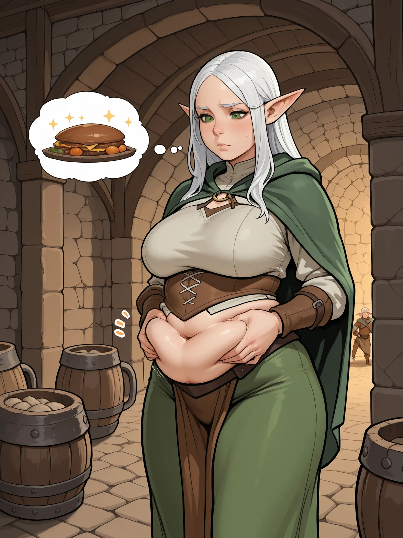 (masterpiece:1.2, best quality:1.1, highres,absurdres, high quality),(photorealistic:1.1),reflected light, colorful,ultra-detailed,8k, ultra hd, super detailed,
 pointy ears, red eyes, white hair,   (medium breasts),   mint_waifu, red nude_kitchen_apron, kitchen, pregnant, smile, stomach bulge, cooking, red apron, 
 <lora:lora:0.7>   <lora:kitchen_apron:0.3>