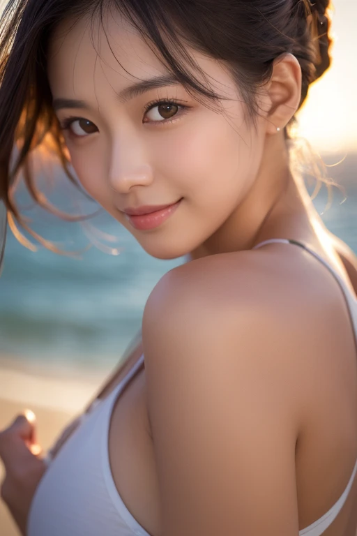 (8K, Raw photo, Highest quality, masterpiece:1.2),(Realistic, photo-Realistic:1.37),whole body、Highest quality, Photorealistic, finely, High resolution, 8Kの壁紙, Perfect dynamic composition, Detailed and beautiful eyes, Medium Hair, Big and ample breasts, 、smile、30 years old、(Droopy Eyes 1.4)、beauty、smile、whole bodyの姿、Hair tied up、満面のsmile、sexy、Colorful net swimsuit、smile、Touching the chest with hands、Night view、Night Sea、beach、to kiss