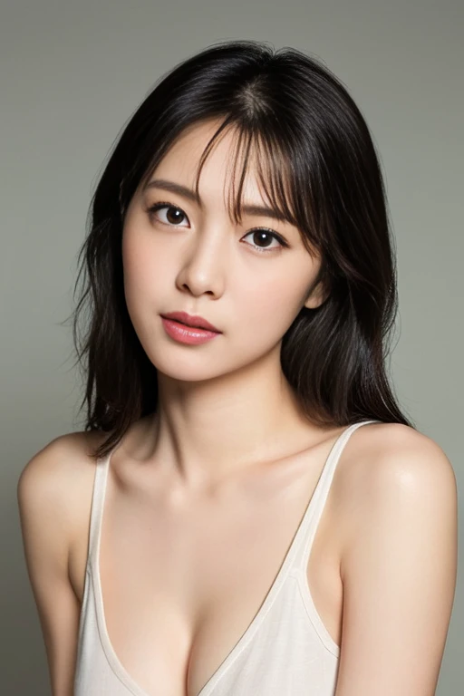 1girl,solo,smile,happy:1,long straight hair,straight bangs,look at viewers,brown eyes,looking at viewer,in studio,pure grey background,detailed skin,detailed face,studio light,parted lips,lips,bare shoulders,(black hair),(close up),messy hair,