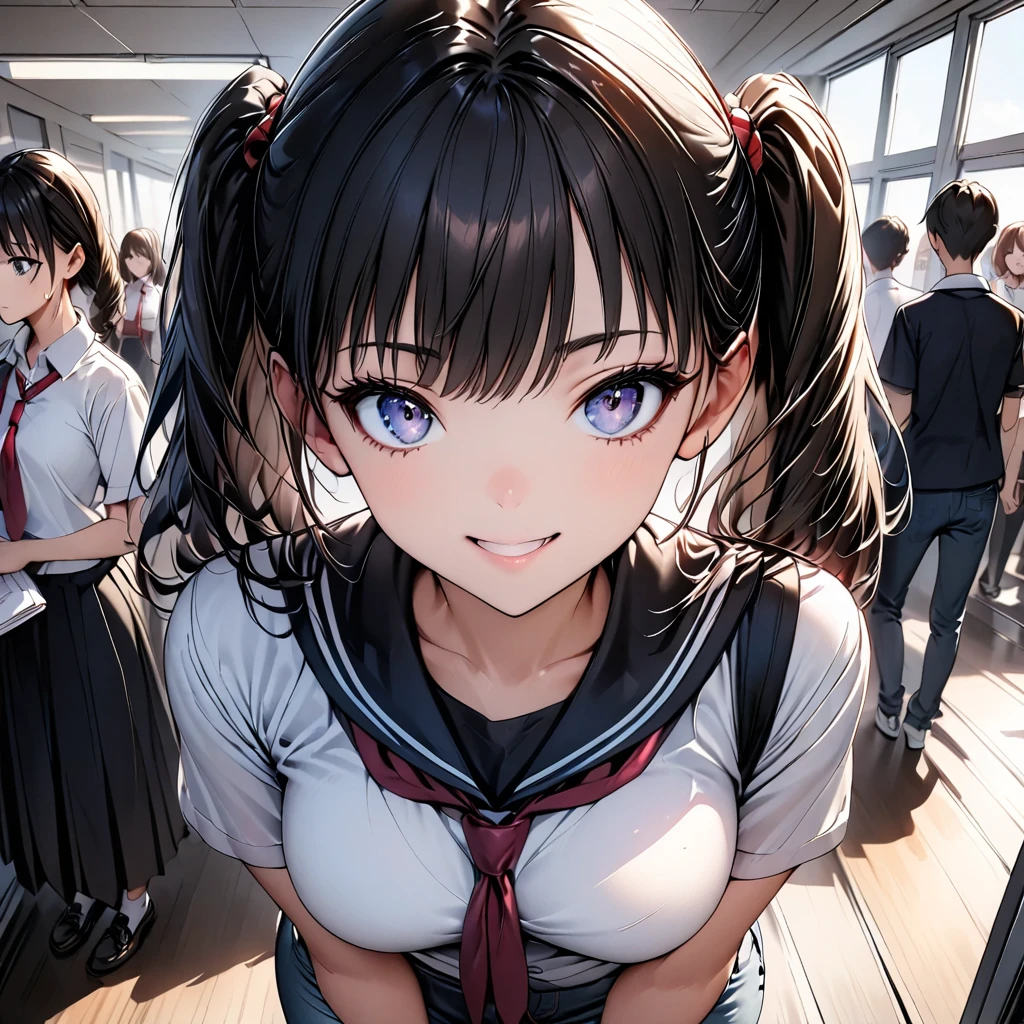 (((masterpiece, highest quality, High resolution, 超High resolution, Perfect Pixel, Depth of written boundary, 4K, RTTX 10.0))), Beautiful Anime Woman, Beautiful art style, Anime characters, ((Smooth texture, Realistic texture, Anime CG Style)), Exact finger count、Exact number of legs、(Exact number of arms:1.0, Exact number of hands:1.0), (Perfect hands, Perfect Anatomy), Cinematic, Realistic, Extremely detailed CG, Daytime lighting, Perfect lighting, Best Shadow, The best natural light, whole body, Perfect body, (Slender body:1.2), ((Long Hair, bangs, Dark brown hair, Long twin tails)), (Detailed face, Beautiful Face, Beautiful eyelashes), (An adult woman is kneeling with her mouth open:1.4), (Fashionable white shirt, Sailor collar, Knee-high socks, loafers, Pleated mini skirt:1.3)、Angle from above and in front, (Beautiful and big breasts:1.2), (Beautiful and thin thighs:1.3), Feeling embarrassed, (blush:1.2), (Embarrassed look、The expression of someone holding it in on the toilet, (Sexual pleasure facial expressions:1.4), (A patient expression:1.2)、close your eyes、Sexy expression、Look up), (City hustle and bustle, Buildings on the background, Sidewalk, Intersection in the background, Akihabara-like streetscape at night, Many people dressed in clothes in the background々:1.4), (cum on face:1.8)
