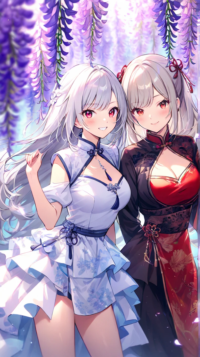 2 lady , lady 1 red eye , lady 2 blue eye, lady 1 black hair , lady 2 white hair,