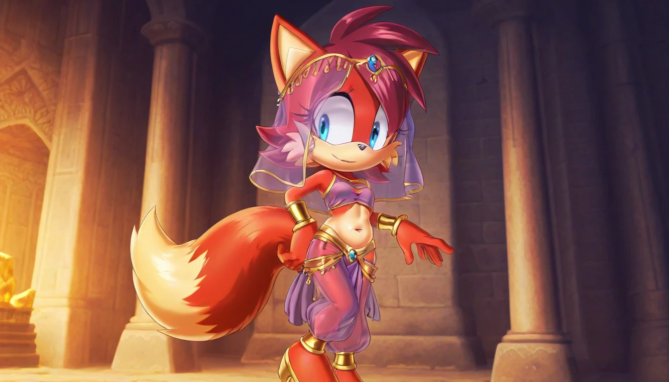 Female anthro skunk, belly dancer, ponytail hair, red shiny lipstick, red strapless shirt, ladies shoes, fanning feathers staff, eye shadows, tiny toons style, full body concept art