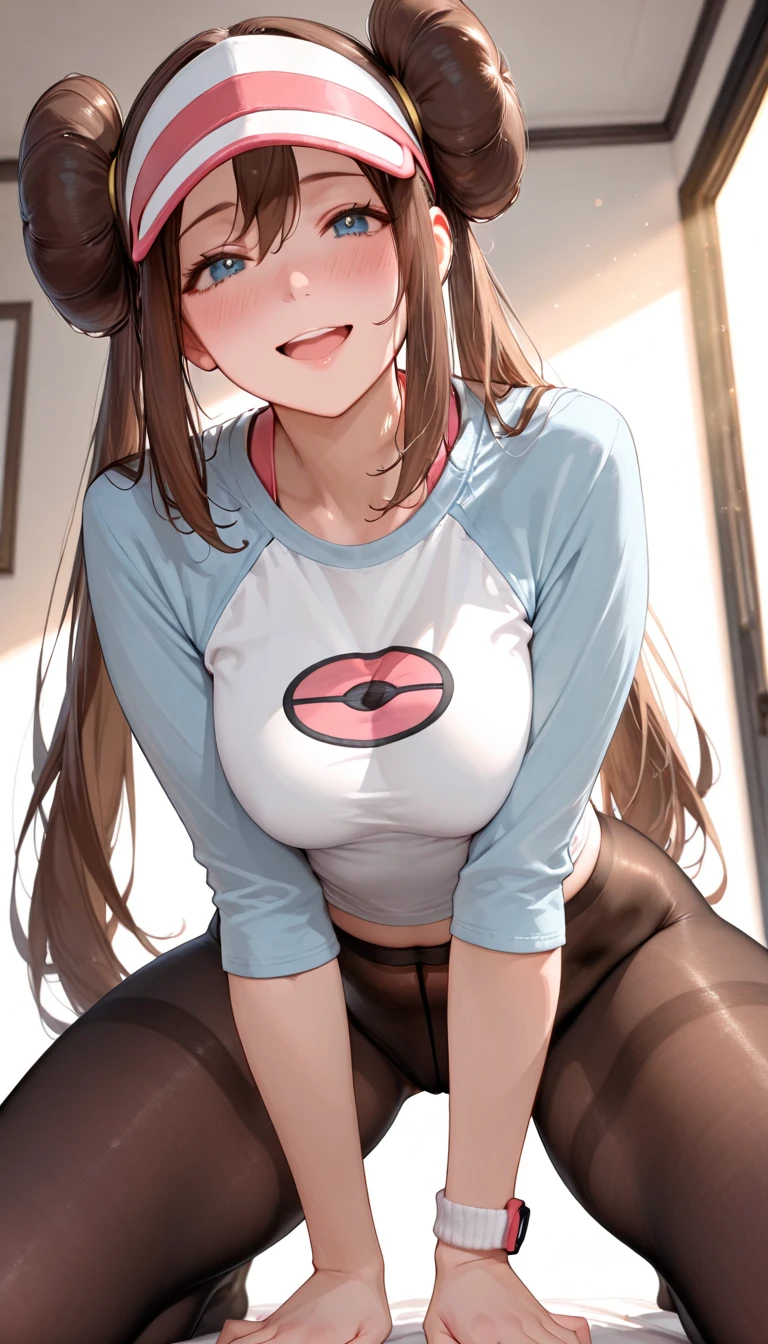 masterpiece, best quality, High resolution, b1, Hair Bun,Brown hair, blue eyes, Double tail, Black pantyhose, Raglan sleeves, shorts, shirt, 乳首がshirtから透けて見える、pink ribbon, watch, Standing, Cowboy shooting, site, Monster Ball \(basic\), Grin、(Rosa_Pokémon)、(((From the lower thigh)))、sit on face、我手里拿着大腿Monster Ball、(((The opening of your legs)))、underwear,乳首がshirtから透けて見える、乳首がshirtから透けて見える、Fleshy