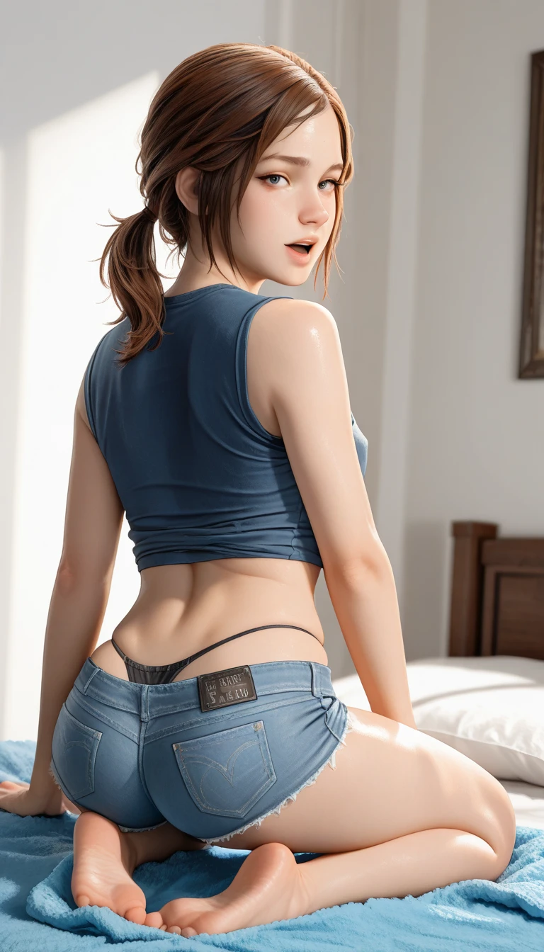 (absurdres:1.3), (highres:1.3), (ultra detailed:1.3),(1girl:1.3), (extremely detailed CG unity 8k wallpaper:1.3), (detailed skin texture, detailed cloth texture, detailed hair texture), (beautiful detailed face, supermodel, pale skin, realistic glistening skin), (RAW photo, best quality), (realistic, photo-realistic:1.4), masterpiece, extremely delicate and beautiful,Amazing, finely detail, extremely detailed CG unity 8k wallpaper, huge filesize, ultra-detailed, highres, absurdres, soft light,rim light, vibrant details, hotel room, straight hair, large breasts, black hair color, Big Natural Color Lip, (perfect body shape), beautiful legs, sitting on ground, squatting, (from behind:0.8), (from above:1.4), (looking back:1.2),(hands down:1.2), (exposed red thong:1.4), (red thong sticking out of shorts:1.2), (high-waist red thong:1.3), (low-waist denim shorts:1.3), (whale tail:1.2),  (white camisole:1.3), bare shoulders, crying a little、Harajuku style、20 year old girl、cute type、lolita、