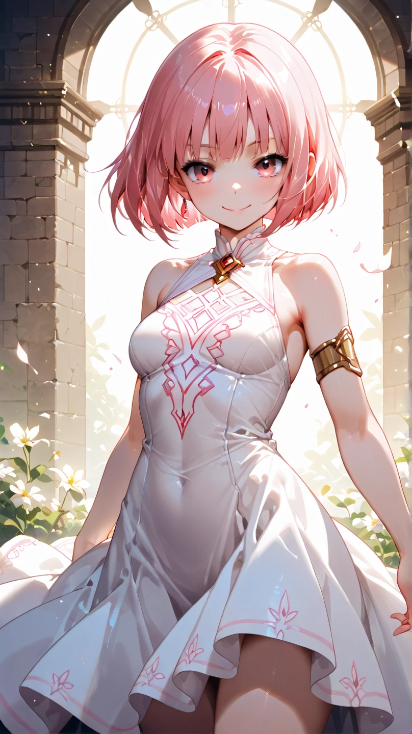 1girl, yuicere,large breasts, midriff,white_skirt,standing,outdoors,cowboy shot,garden,  blush,hand on own chest, heart-shaped pupils,<lora:YuiCeremonialV1[yuicere_midriff_white_skirt]-000006:1>