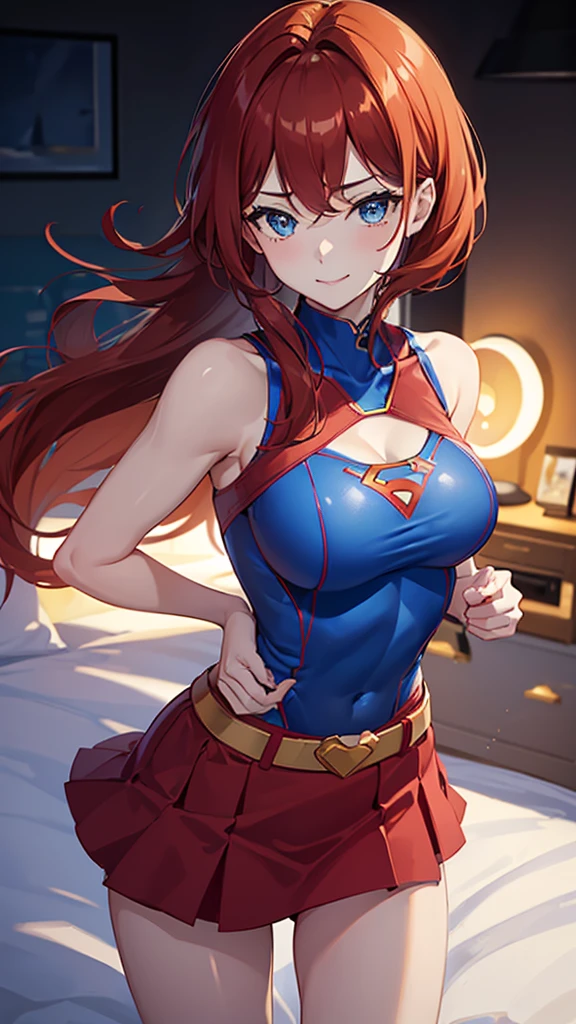 MariSetogoya, 1girl, smile, solo, long hair, red eyes, red hair, wings, pointy ears, fang, bat wings, demon wings, looking at viewer, blush, smile, large breasts, collarbone, standing, dynamic pose, 8k, masterpiece, best quality, absurdres, perfect anatomy, cinematic lighting, cowboy shot, (supergirl costume:1.1)