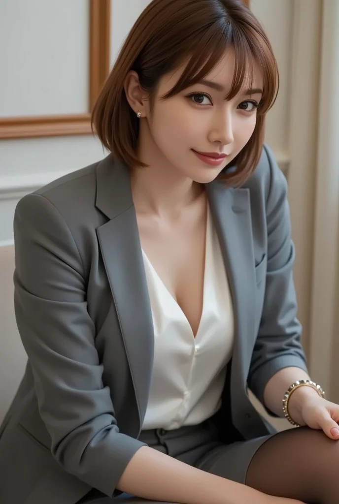 One Girl, alone, pantyhose, Brown Hair, squat, Brown eyes, skirt, View your viewers, ペンシルskirt, OL, Jacket, indoor, Long Hair, shirt, bangs, 黒いJacket, blush, 白のshirt, 黒いskirt, Hair between the eyes, Long sleeve, put your hand on your face, Lips parted, Small breasts, Brown pantyhose, suit, Large Breasts, Cleavage, formal, smile, Black pantyhose, Open your mouth, Put your hand on your cheek, Beautiful girl ,In 8K, 超A high resolution,RAW Photos, (Tabletop:1.2), (highest quality:1.2), Realistic, Photorealistic, Sharp focus,Professional、Nogizaka Idol、Korean Idol、Gravure idol pose、、Age 25、expensive, Glamour、side、