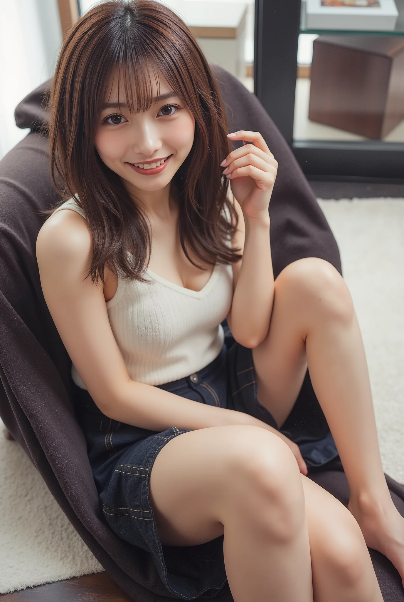 (highest quality:1.5)、(Realistic:1.5)、(1 person:1.5)、Very detailed、High resolution、8k、medium breasts、Natural color lips、Cute Smile、Japanese women、20-year-old girl、Beautiful and elegant face、Perfect and beautiful face、Balanced big eyes、Brunette eyes、Beautiful and elegant face、Natural double eyelids、Natural Bangs、Beautiful thin nose、Beautiful Skin、(Medium Bob Hair)、Natural Bangs、Perfect and beautiful face、Slim face and figure、Look at the viewers、(Staring at the camera with a sweet smile)、Bright lighting、Professional Lighting、Forward lighting、Beautiful feet:1.2、Smooth Skin、Slim Body、Slim waistline、slim thin thighs、Sit slouching、Bedroom、mini skirt、High stockings、Beautiful cleavage、Wear a bra、Outer cardigan with front buttons open、