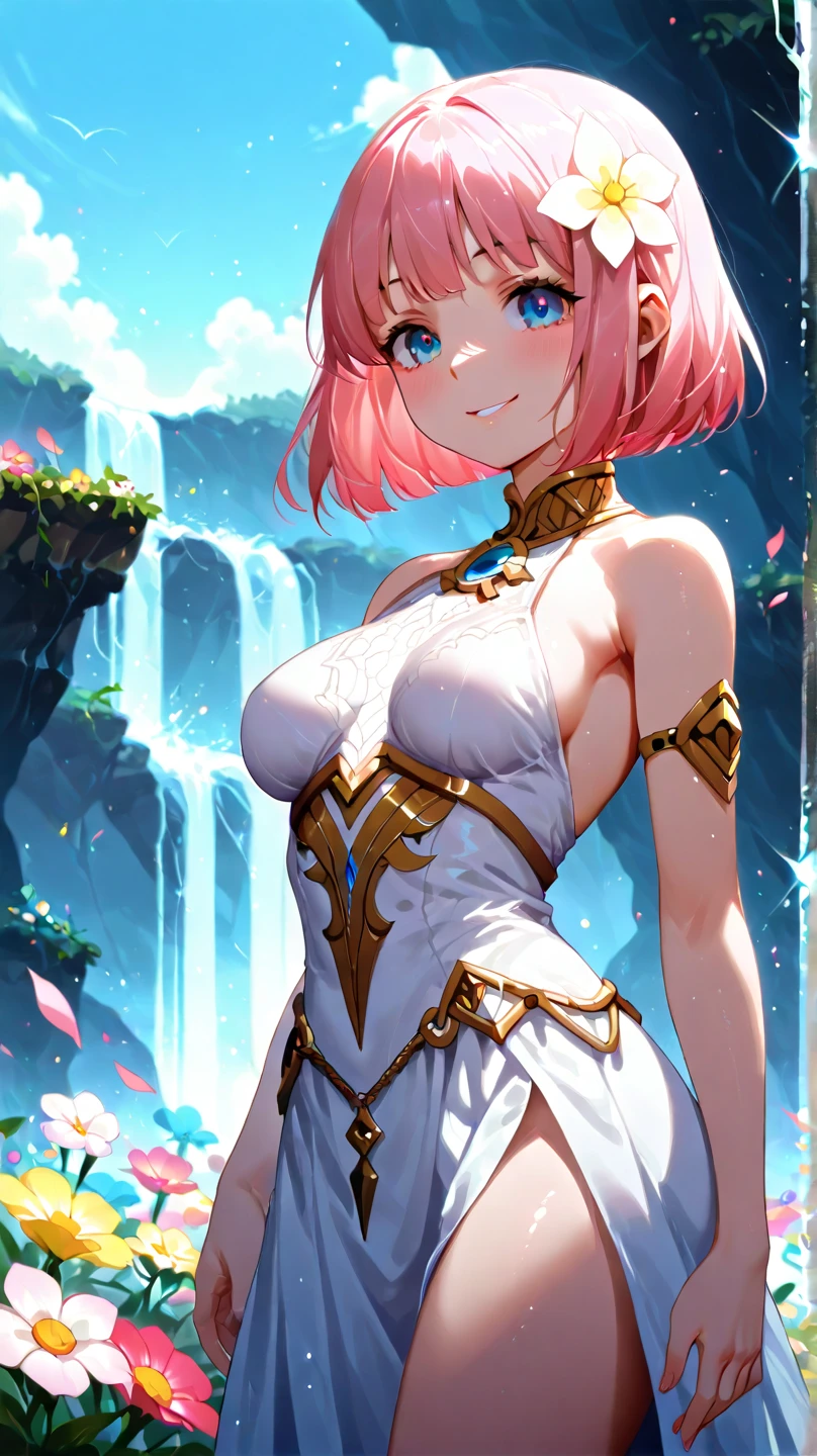 Realistic, Hyper Detail, 1 woman, ((milf)),Layered Bob, Dynamic Lighting, ((Bold imaginative pose)), (Glossy skin: 1.5), Masterpiece, Top Quality, Absurdity, Watching Viewer, (Blonde and Pink Hair), Purple Clear Eyes, Slender, High Resolution, Sharp Focus, Depth of Field, Detail Eyes, Sharp Eyes, (Realistic Eyes)), ( Medium: 1.4), outdoors, sunrise sky, many white hydrangea backgrounds, (camel toe: 1.2)), (attractive delicate design river trimmed lace draped saxe blue armor and dress): 1.3)), ((Beautiful, detailed eyes, jewel-like eyes, colorful eyes, sparkling eyes:1.3))