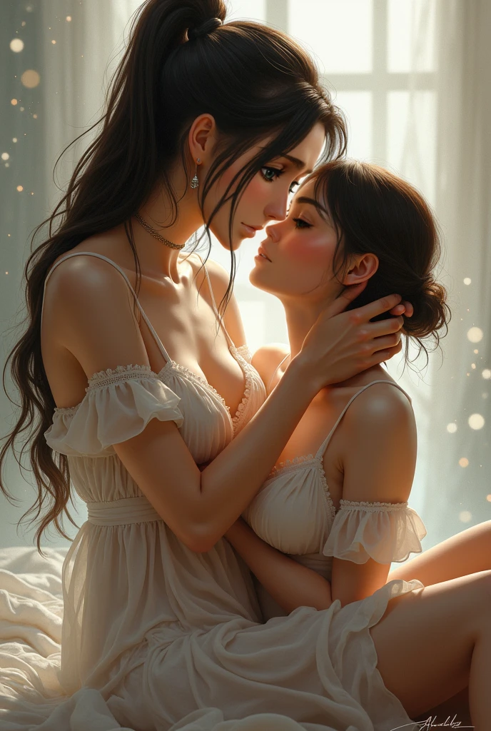 Dark night, absurderes, high resolution, Ultra detailed backgrounds, highly detailed hair, 2girl in, Calm tones, (Geometry:1.42), (Symmetrical background:1.4), white shirt, red skirt, sit under the tree, Smiling, Photograph the whole body , naked ,frombelow ,Backlighting of natural light, falling petals, garden view,  long_hair,  wind blowing, stary night, night sky, full moon, the source of light is the moon light, slighty_chubby, kissing each other, romance_mood, romantic lamp,