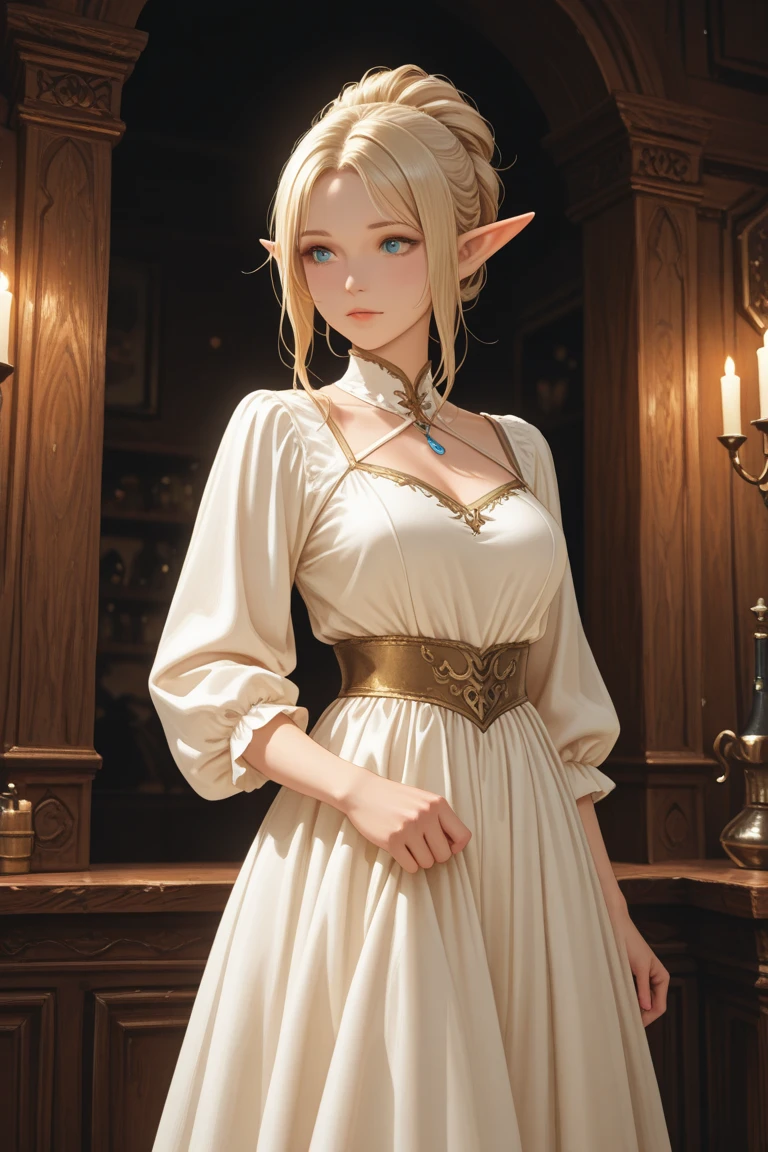(High Detail:1.2) Anime Girl, (Best quality, Detailed), (dark, gravelly:1.3, dark:1.2), 1girl, (solo), elf, long pointed ears, long bushy hair, light gold hair, dark blue eyes, freckle, white skin, sinister, intense look, background dark, Volumetric light, hyper realistic, super detailed, Dynamic pose, (medium breasts), white dress, gold staff, church.