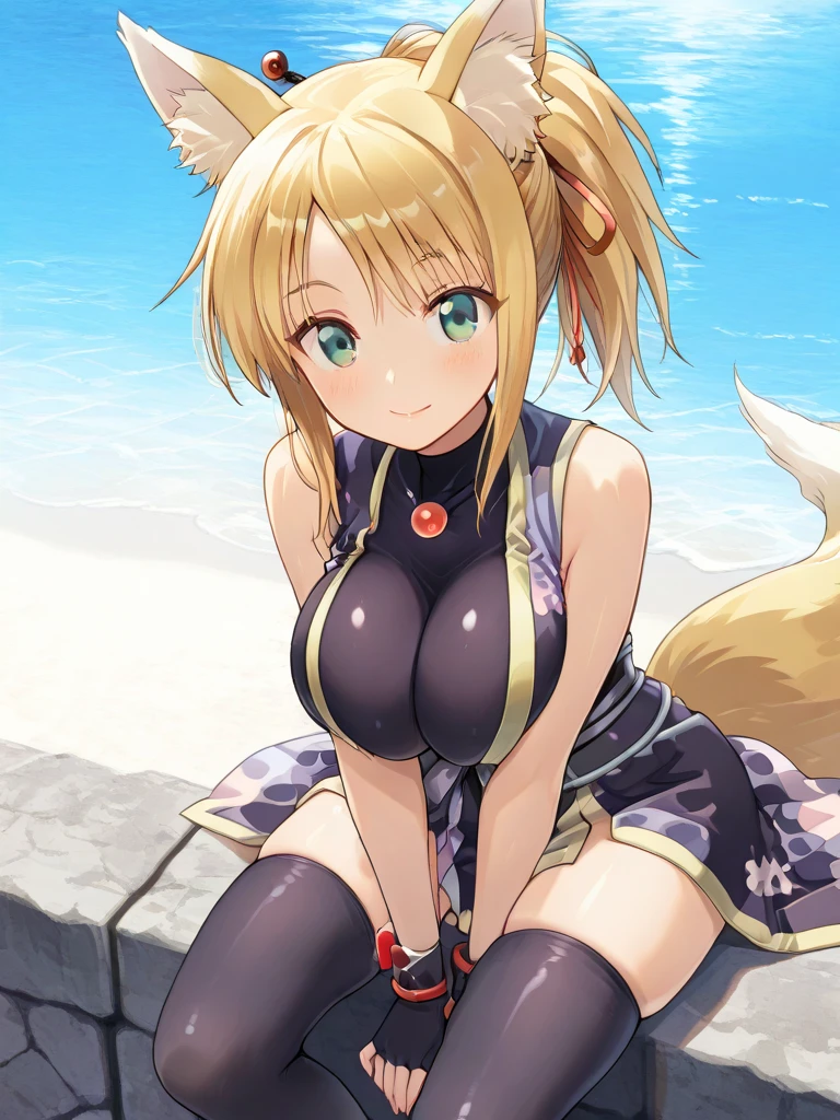 ((masterpiece,best quality)), absurdres, ah1, facial mark, multiple tails, fox tails, korean clothes, cleavage, bare shoulders, detached sleeves, outdoors, standing, cowboy shot, smile, contrapposto
