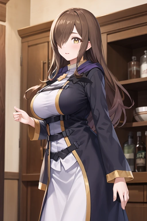 chromatic aberration, depth of field, soft lighting, masterpiece, best quality, WizKonosuba, 1girl, long hair, looking at viewer, blush, smile, large breasts, brown hair, long sleeves, <lora:WizKonosubaLora:0.7>, (on street:1.1), :o,