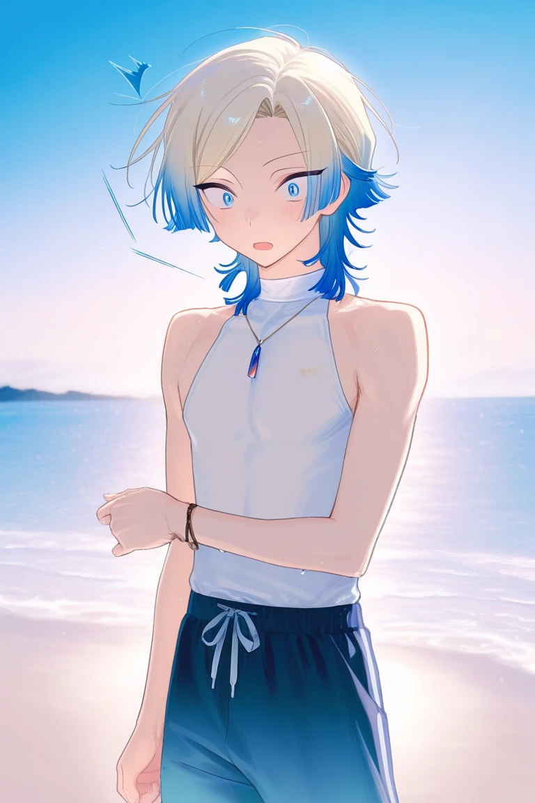 A young boy with blue hair and sea green eyes