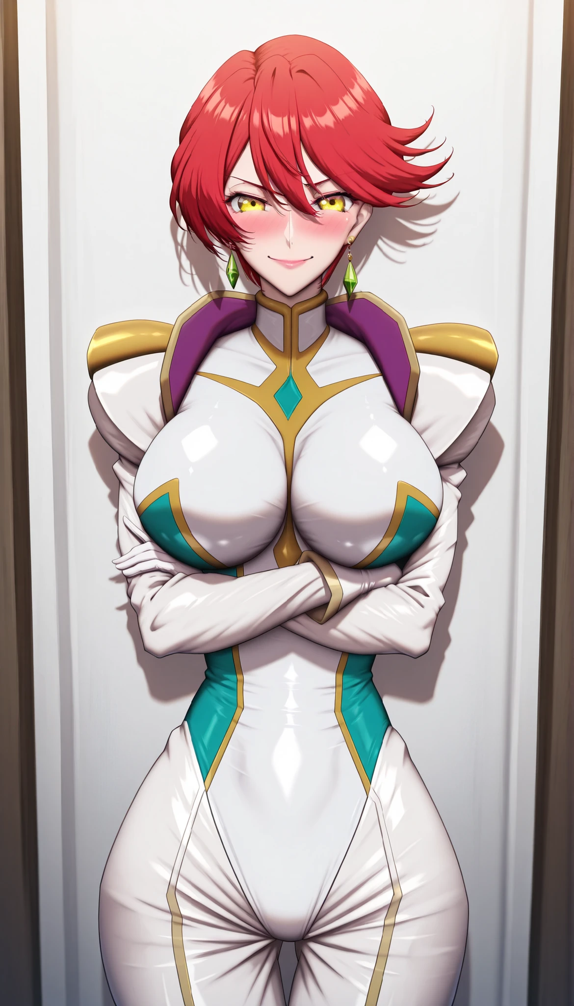 narah_pilotsuit,narah vaughn,1girl,solo,red hair, crossed arms,short hair,breasts ,yellow eyes,gloves,jewelry,earrings,lipstick,large breasts,mature female,MILF, standing , score_9, score_8_up, score_7_up, score_6_up, score_5_up, score_4_up , narah_pilotsuit,narah vaughn ,,,,,,, shiroshisu style , blushing face happy , smile