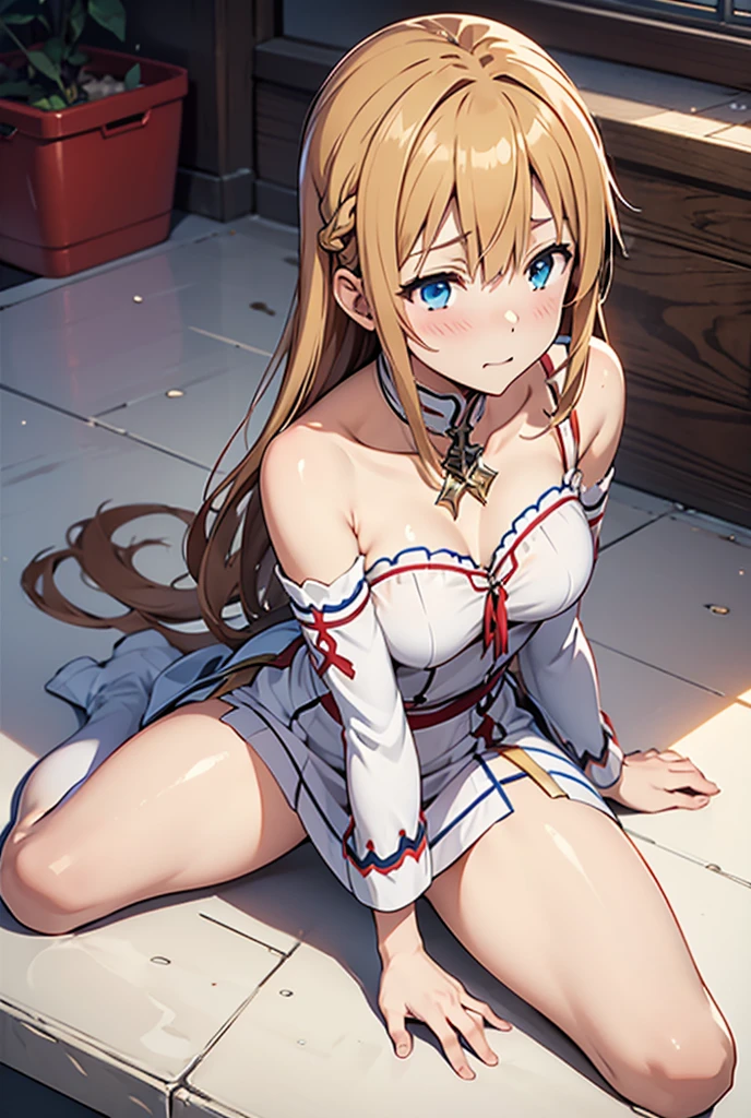 ((masterpiece)), Highest quality, Very detailed,(One Girl),Yuki Asuna、Asuna (Stay), Bare shoulders, chest当て, armor, Removable sleeves, long handbag, Red Bag, dress, red dress, Long Hair,Beautiful background ,clothing, chest, Bent body,Lie in, Look to the side, Worried face, Drunk look, Hot body、Sweaty、Spread your legs, Playing with female genitals with fingers, NSFW, (((Trembling Body:1.5))), (Squirting climax), (((Excited))), (((In the heat))), (Drooling), Log cabin bedroom in a coniferous forest, On a bed with white sheets,