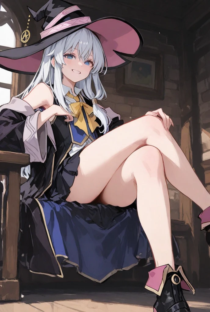 (NSFW:1.5), masterpiece, (realistic, photo realistic:1.2), ((highest quality), extremely fine and beautiful, beautiful face details, real human skin, realistic, photorealistic, From below, 1girl, elaina (majo no tabitabi), solo, witch hat, long hair, black headwear, blue eyes, collared shirt, hair between eyes, white shirt, ribbon, yellow ribbon, bangs, upper teeth only, teeth, neck ribbon, bow, witch, open clothes, blush, anime coloring, hood, yellow bow, jewelry, floating hair, yellow bowtie, shiny hair, bowtie, black robe, wing collar, open robe, purple eyes, dress shirt, Tiny , Cowboy Shot, (Sex witultiple men:1.3), Spread legwn, Exposing breasts, Cute face, Eonless, Outdoor, crowd of boys
