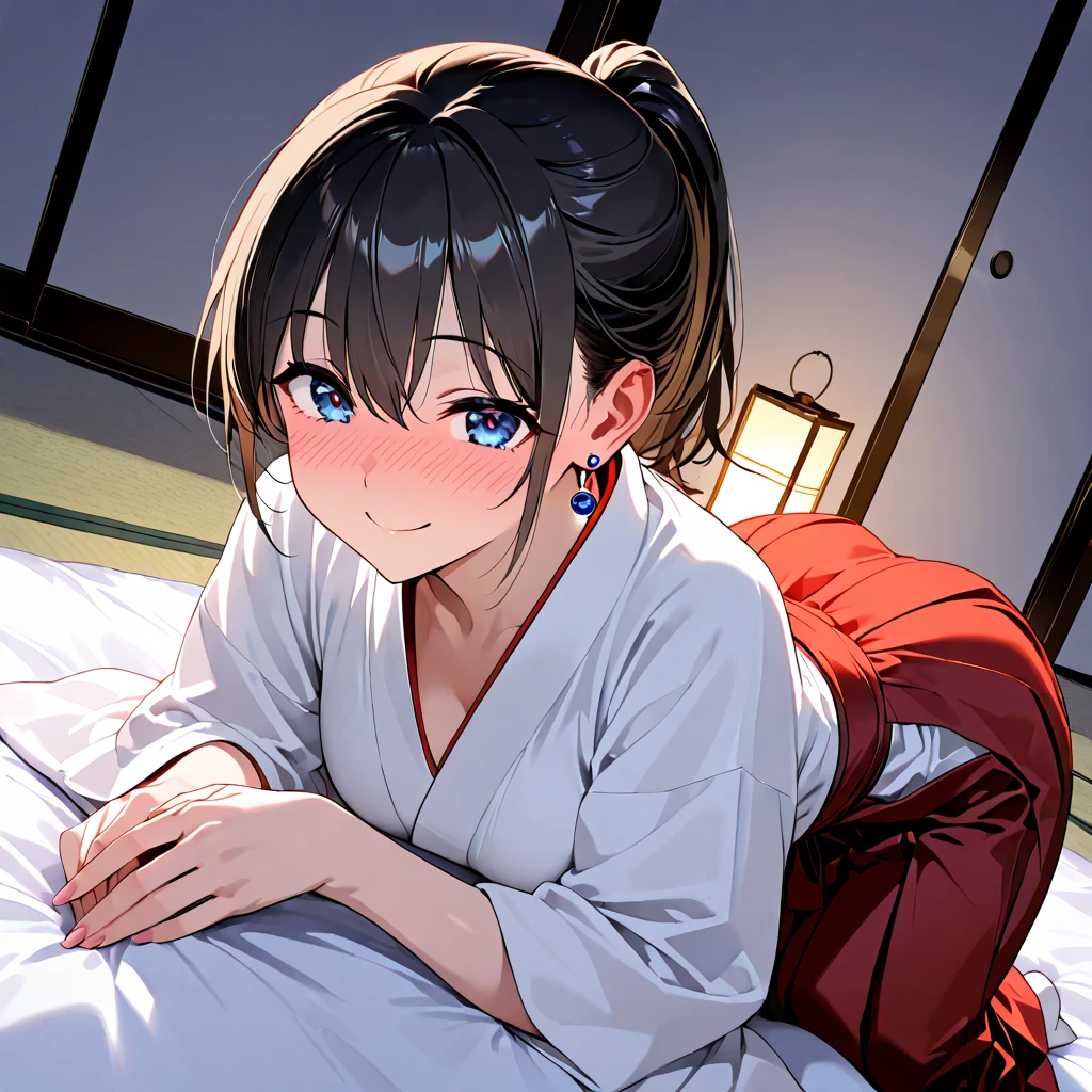 in 8K、top-quality、​masterpiece、ultra-detailliert、Ultra-high resolution、Anime style、traditional Japanese room、natta、Dark room without windows、((1 persons))、girl with、A dark-haired、Braided hair、Light-colored yukata、On the futon、cleavage of the breast、bare shoulders​、Sleeping on your back