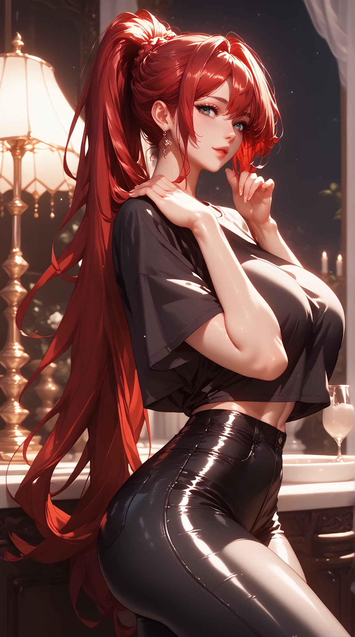red hair, straight hair, wet hair, jewelry, eye reflection, star-shaped pupils, (perfect aqua blue eyes), one eye closed, evil smile, smug, tsundere, red lips, cheek-to-cheek, cinematic lighting, chromatic aberration, god rays, ray tracing, motion blur, drop shadow, angle from behind, Eye-Level Shot, UHD, masterpiece, high details, high quality, best quality, highres, 16k, ((perfectly curvacious ass)), (detailed pupils), ((thick perfect thighs)), beautifully detailed pupils