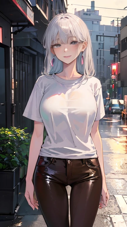 Cinema Lighting、(Key Light:Front 45 degree angle, Subsidy light、Backlight、Shadow、Green and purple color palette), Accurate human body、Someone knowledgeable、Correct five-finger、RAW Photos、 4K - ultra-vivid、highest quality, masterpiece, Ultra-high resolution, (reality: 1.4),
((Big Breasts)),
(((Oilskin,Glowing Skin、reality skin texture、Beautiful skin in every detail、Shiny skin、Shiny skin)))、
Upper Body Shot, Low camera angle, Written boundary depth, Focus on the center, Beautiful Eyes, Perfect face and eyes、
Super Resolution,
(reality:1.3),
(1 slim girl), Stylish girl, fashion,
Young Face, blush, (Wicked Smile),
(slim) thigh,
Earrings, Earrings,silver
(Oversized T-shirts), (Low rise skinny pants),
gravure,
Rainy streets