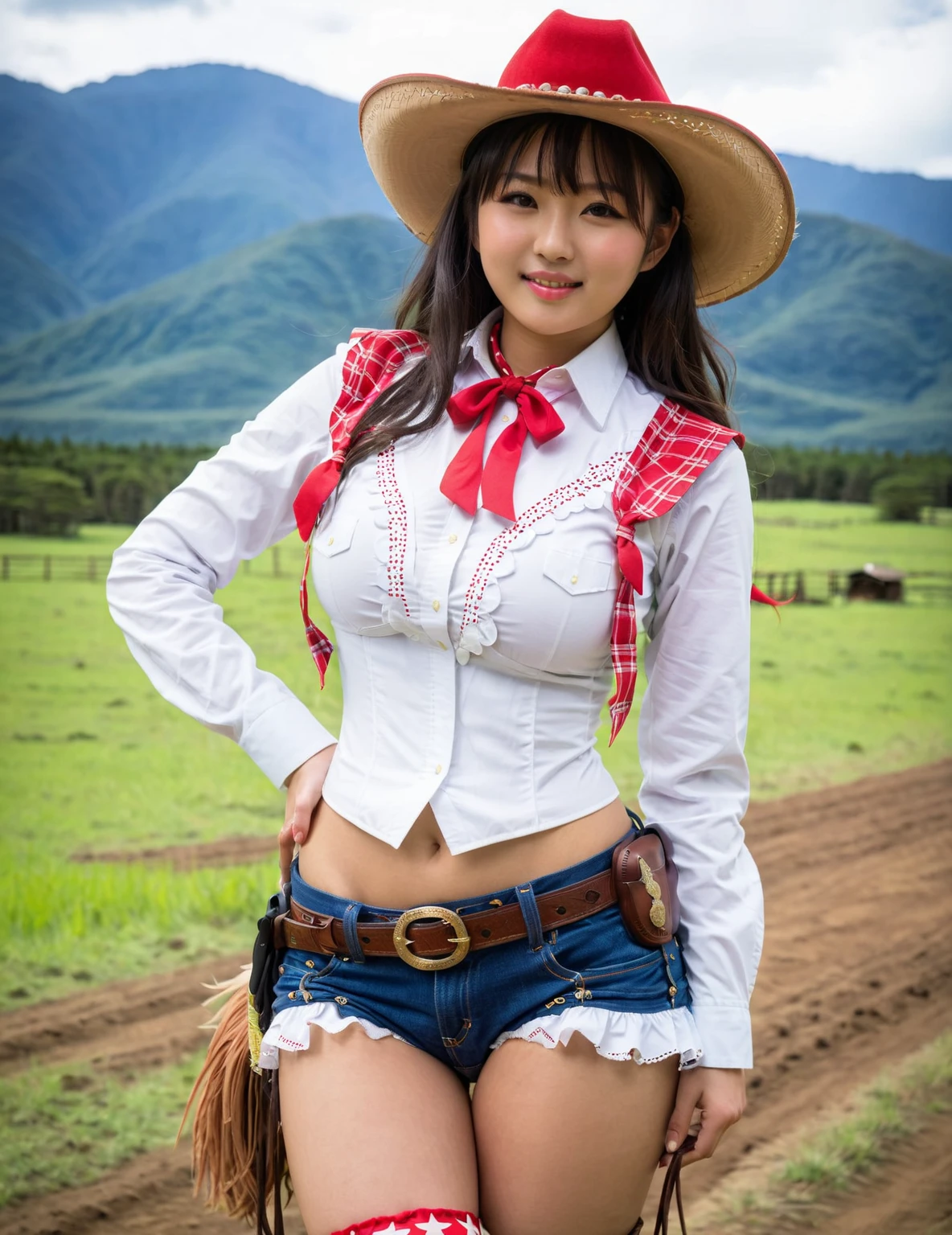 ((Best Quality, 8k, photo realistic:1.4, Masterpiece)), back Lighting, highly detailed facial textures women, 18yo, ((cowgirl costume:1.2)), (slightly thick body),((Open fields and blue skies: 1.2)), arms up, ultra-detailed skin, beautiful make up, detailed eyes, smile, open mouth, shiny brown messy short hairstyles, (squat pose),