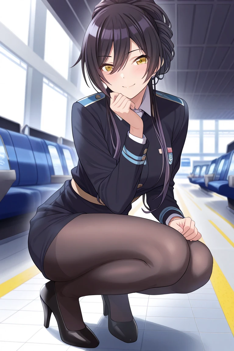Anime girl sitting on a bench with her legs crossed, Smooth anime CG art, Beautiful anime school girl, Enchanting anime girl, Beautiful anime girl crouching, Attractive anime girl, Fine details. Girls' Frontline, a Surreal , Anime Best Girl, Cute girl anime visuals, Surreal , Beautiful and attractive anime teen, Teasing Smile