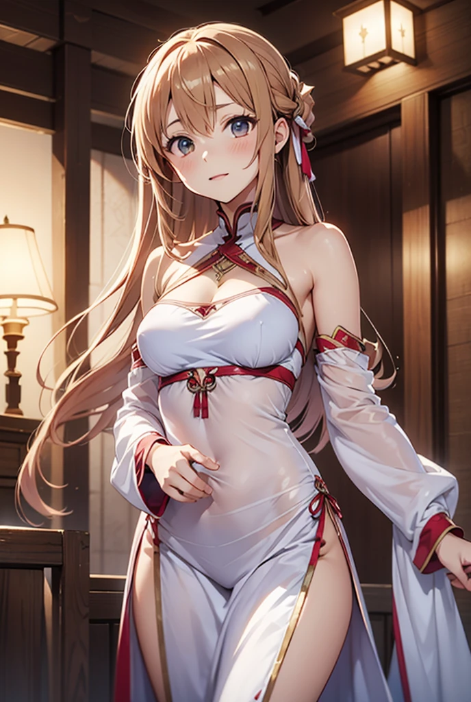(((masterpiece))), high quality, very_High resolution, large_filesize, Full Color, Contours are thick, Clear contours, colorful, (細部まin美しい目), (Beautiful Face:1. 3), One girl, (Asuna), Red ribbon, Brown long hair, ((bangs)), inこぼこbangs, Blue-gray eyes, Super Breasts, Nipples,, (((Transparent box))), 覆われたNipples, Curvy, Completely naked, lake畔in衣服を脱ぐ、Emphasis on the crotch、Breast Augmentation、(cherry blossoms, Flower storm, lake, spring), Perfect lighting、Delicate hair movement in the wind、Gymnastics、barefoot、sexual excitement, frontin斜め前からのアングル, from before, front, Beautiful Hands, 顔全体が赤らんinいる, Camel Toe, Spread your hands, white leotard with red lines、Looking_in_Audience, shoulder shawl, Hand guard,