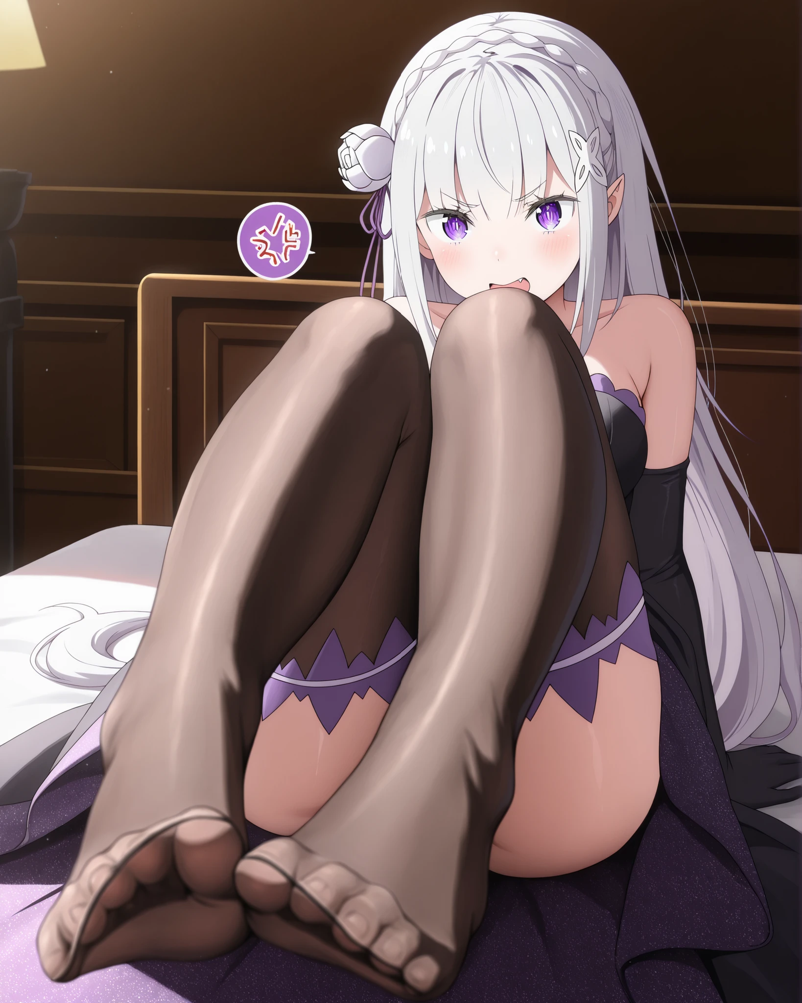 hina,1girl,solo,ponytail,elbow gloves,purple dress,black gloves,black dress,strapless dress,earrings,necklace,alternate costume,shoulder, sweating,2legs,2feet,((five toes)),black pantyhose,sitting on the bed,from below,